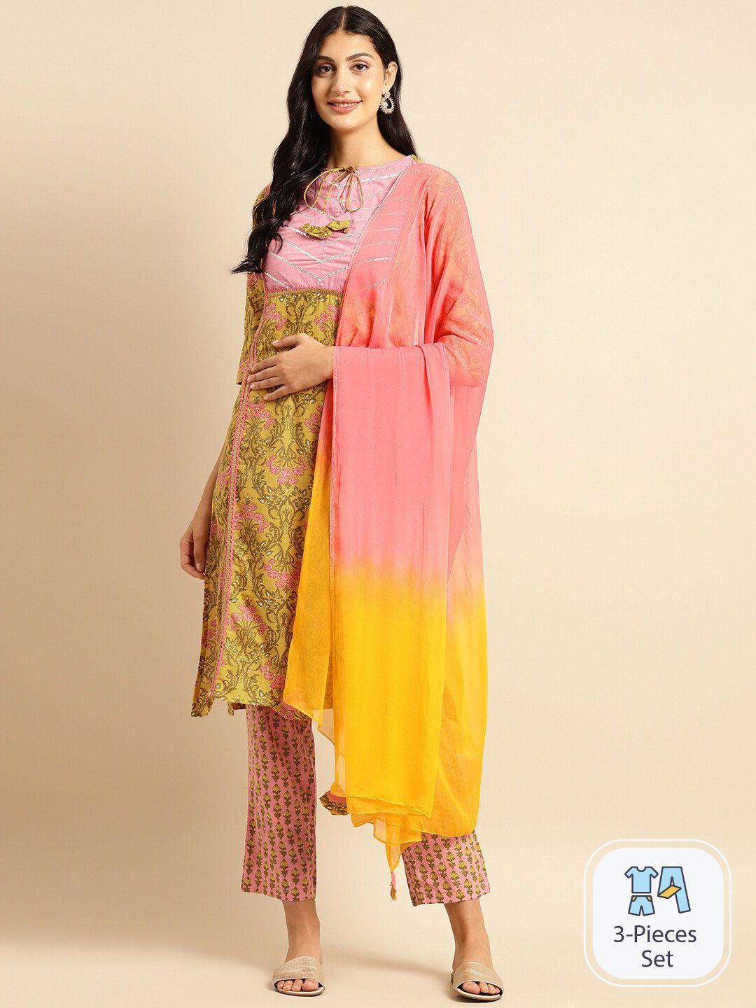 sangria printed pure cotton straight kurta with trouser & dupatta set