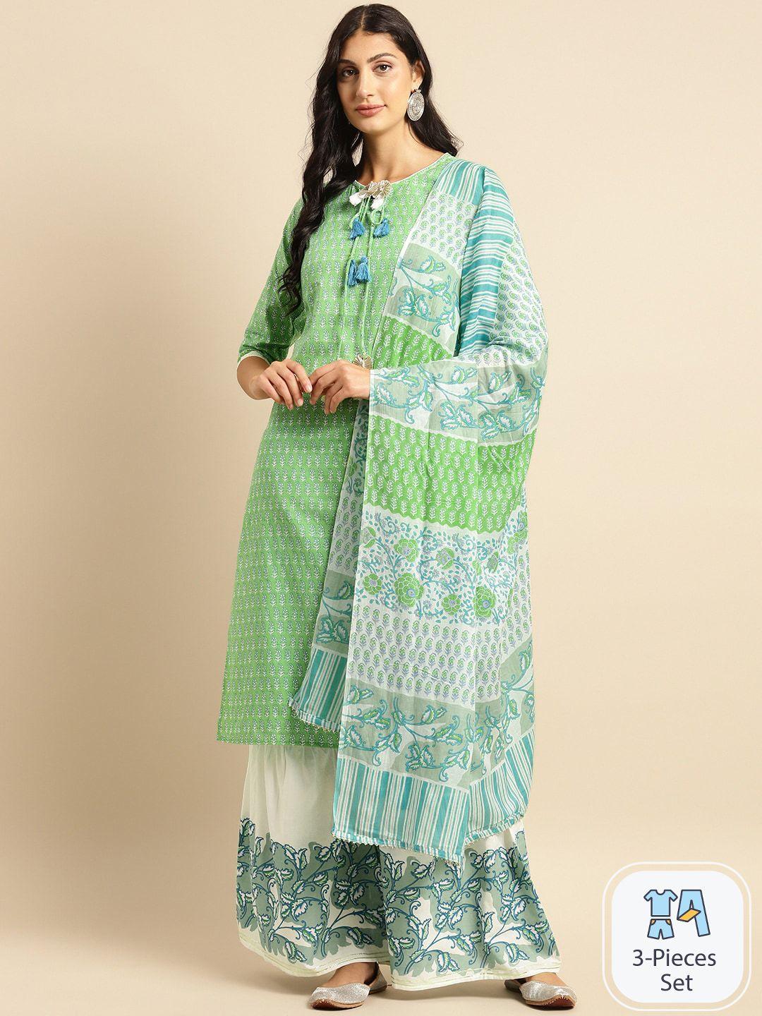 sangria printed pure cotton straight kurta with trouser & dupatta set