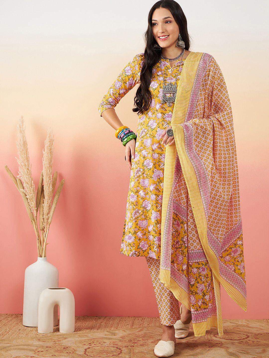 sangria printed pure cotton straight kurta with trouser & dupatta set