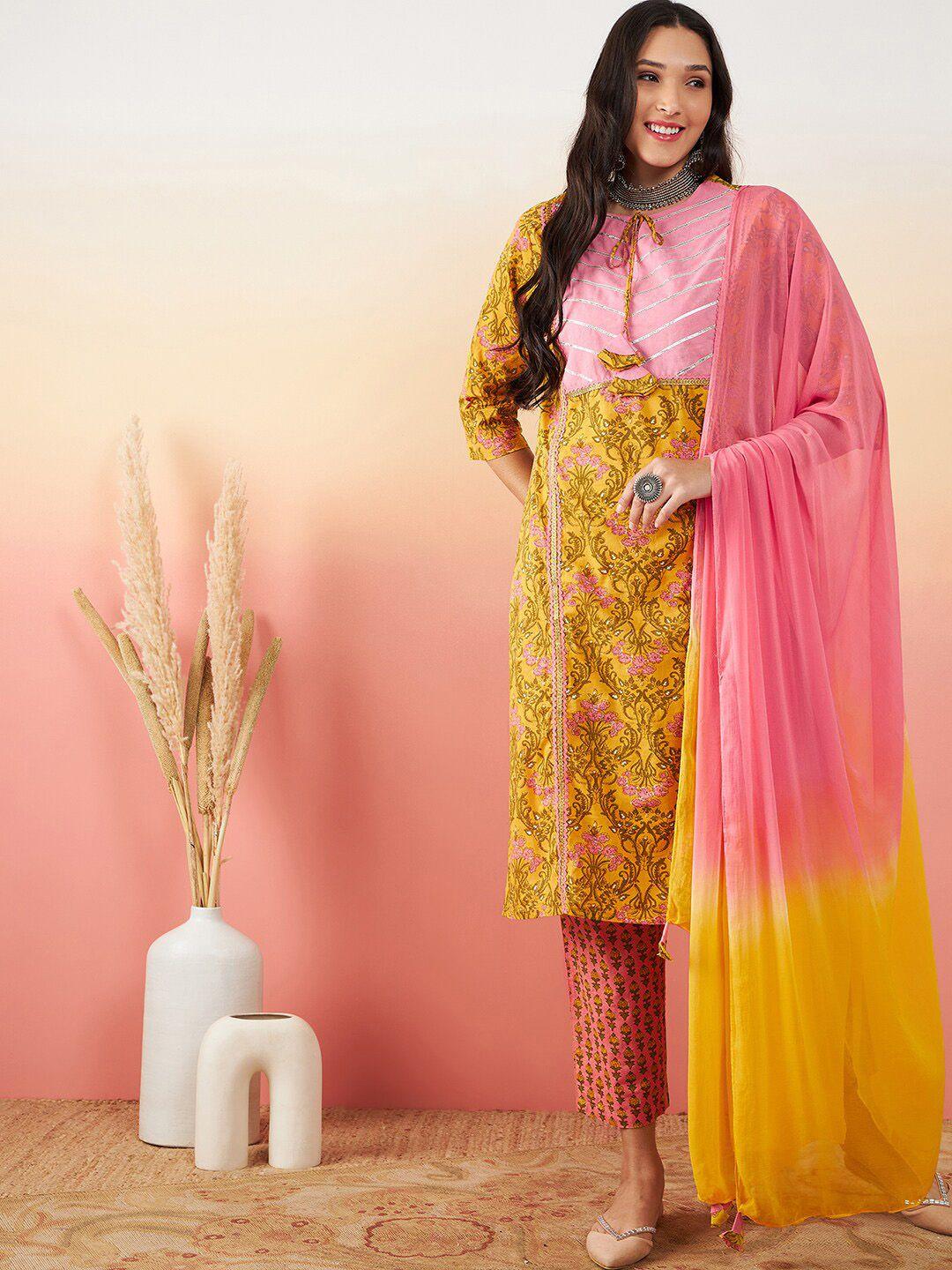 sangria printed pure cotton straight kurta with trouser & dupatta set