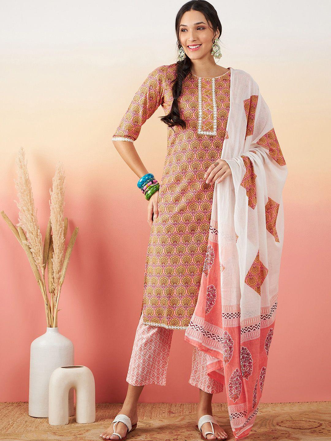 sangria printed pure cotton straight kurta with trouser & dupatta set