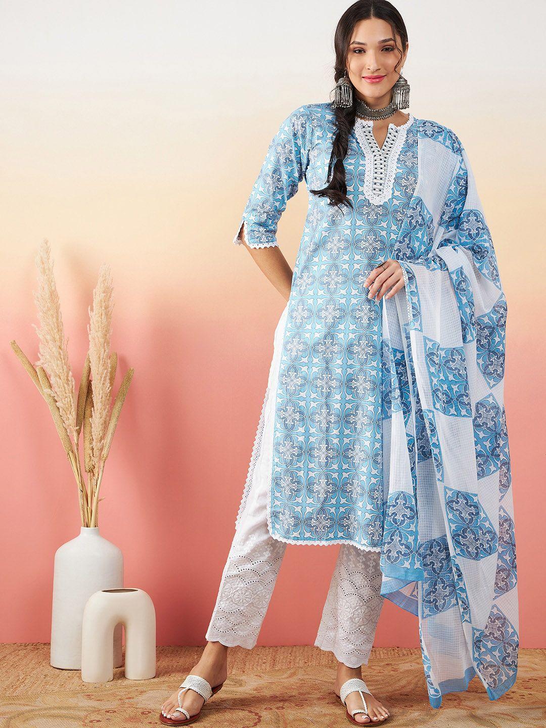 sangria printed pure cotton straight kurta with trouser & dupatta set