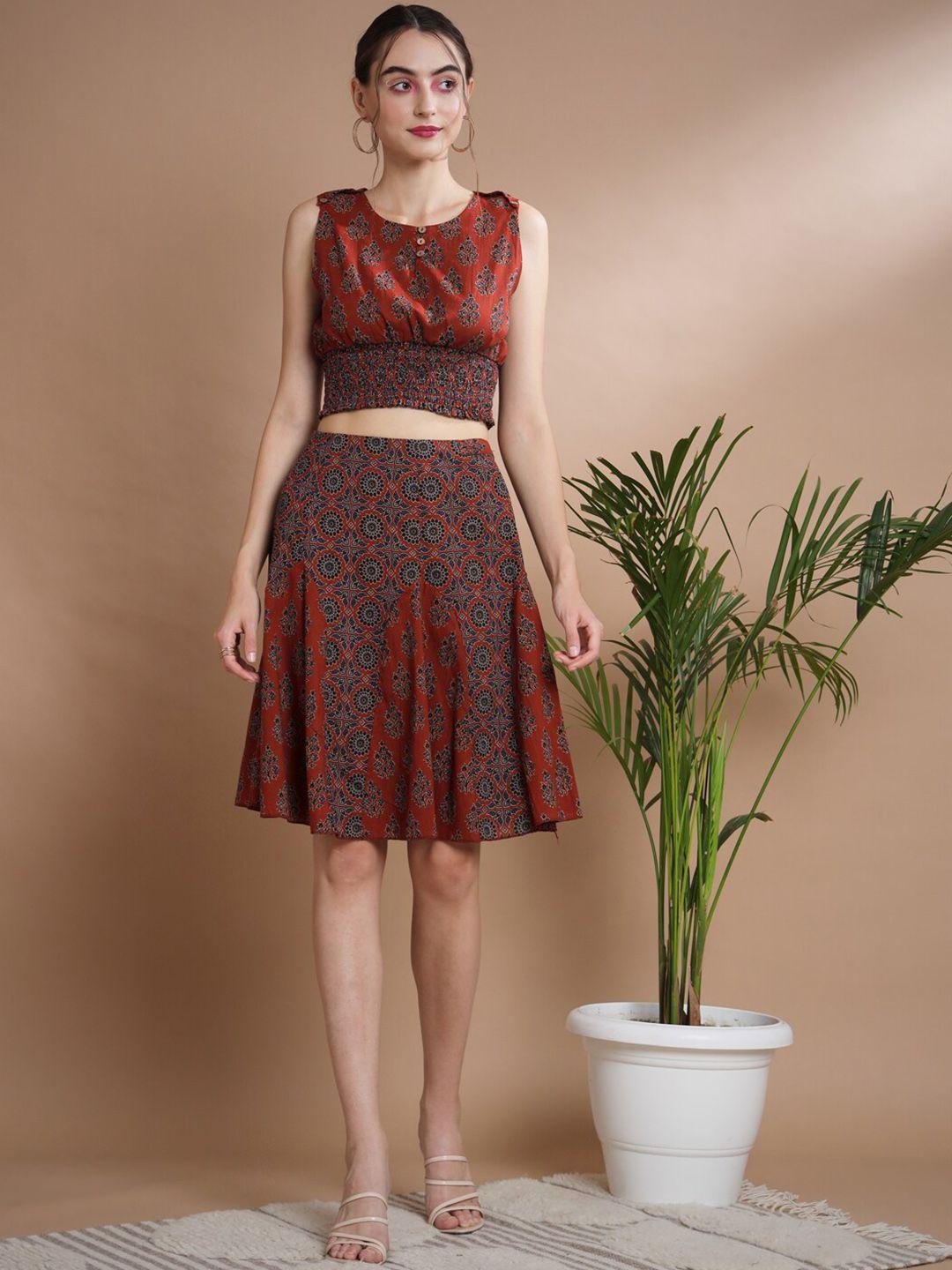 sangria printed pure cotton top with skirt co-ords