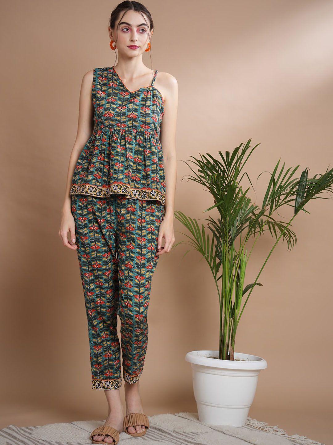 sangria printed pure cotton top with trousers co-ords