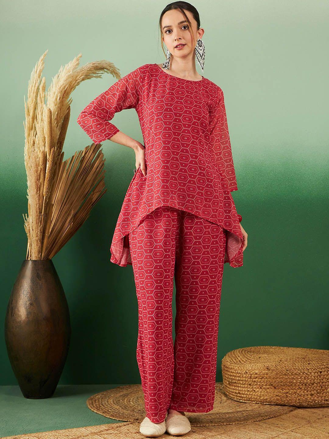 sangria printed round neck tunic with trousers co-ords