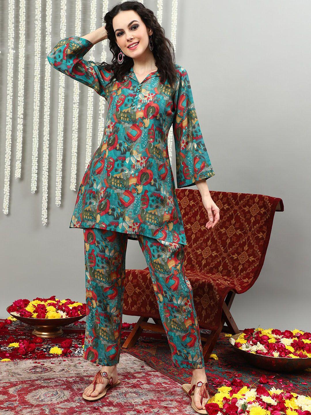 sangria printed shirt collar tunic with trousers