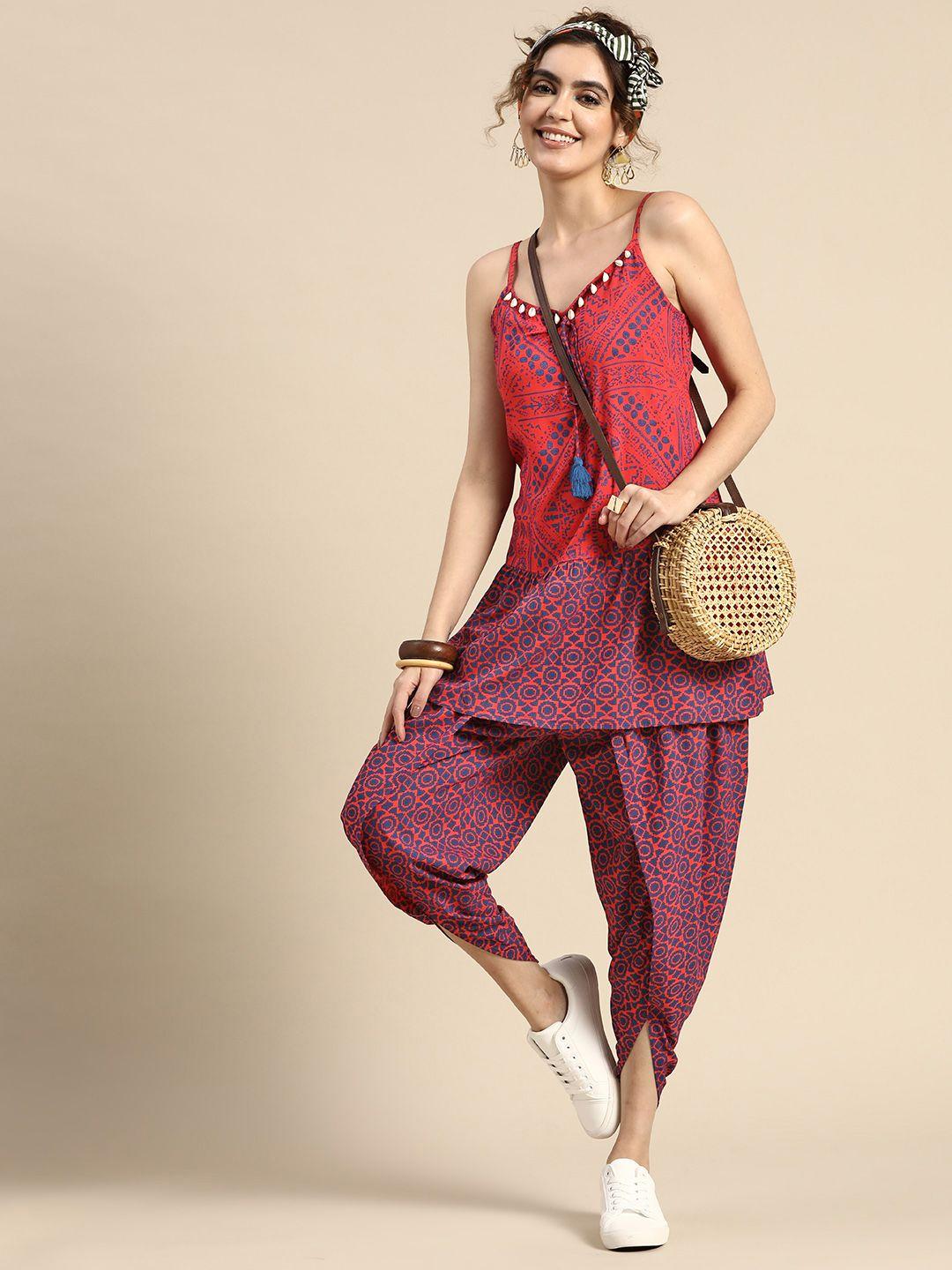 sangria printed shoulder straps a-line kurti with dhoti pants