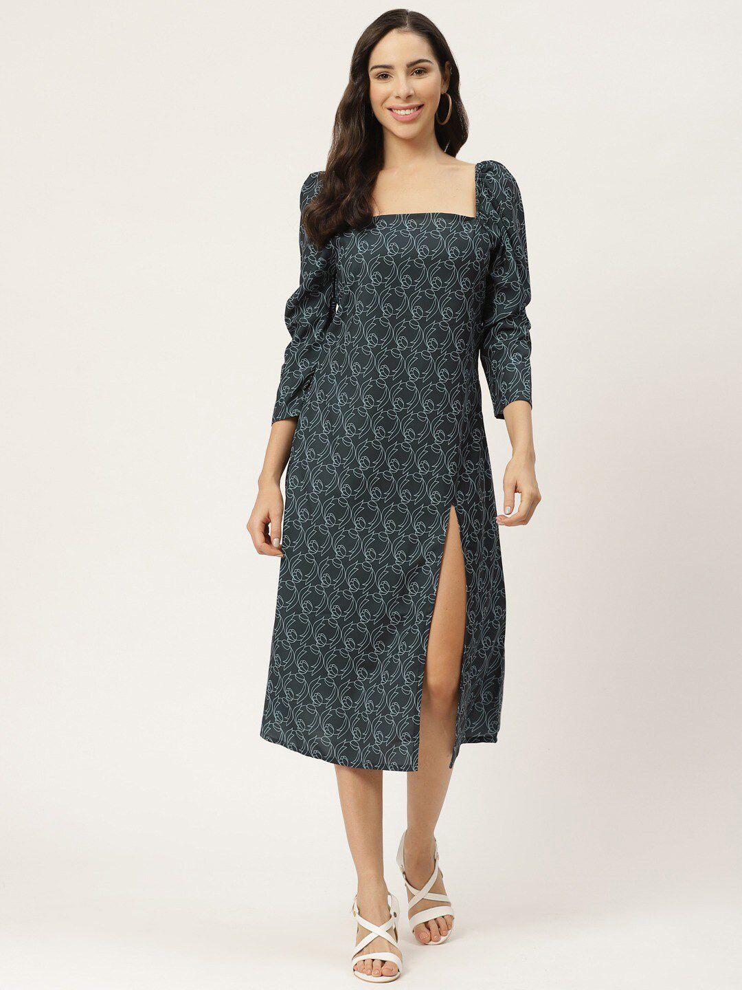 sangria printed square neck puff sleeves sheath dress