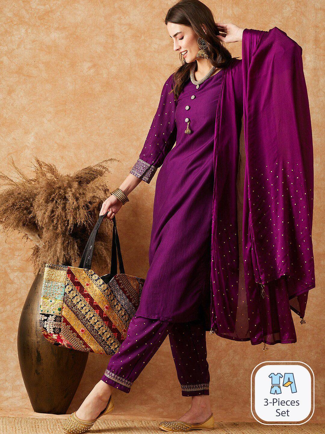 sangria printed straight kurta with trouser & dupatta set