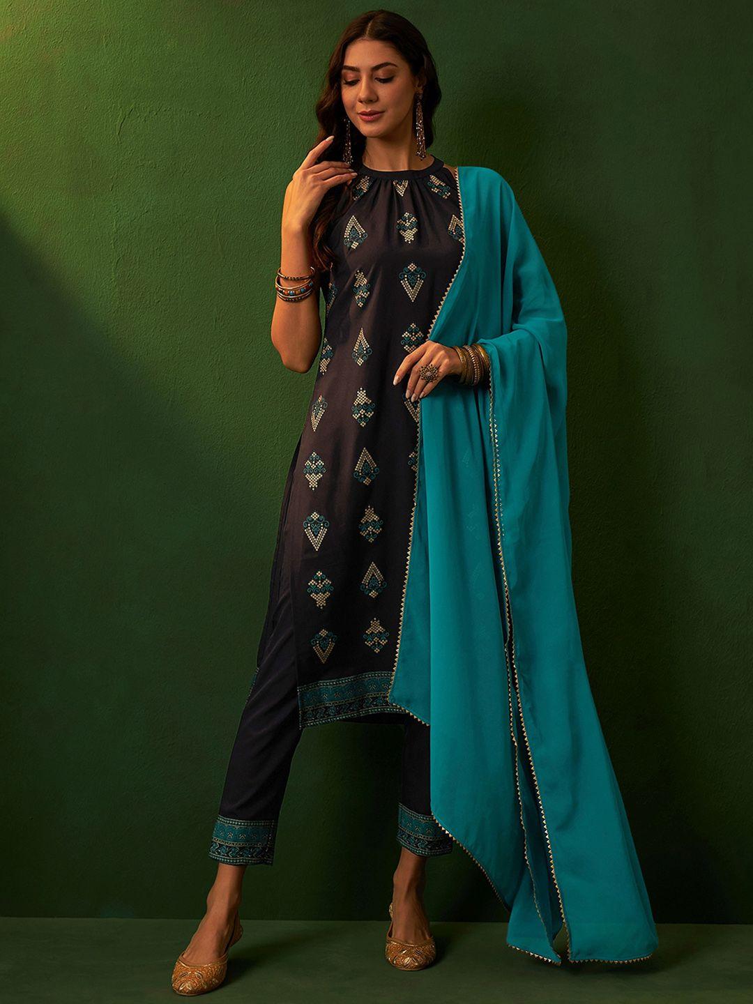 sangria printed straight kurta with trouser & dupatta set