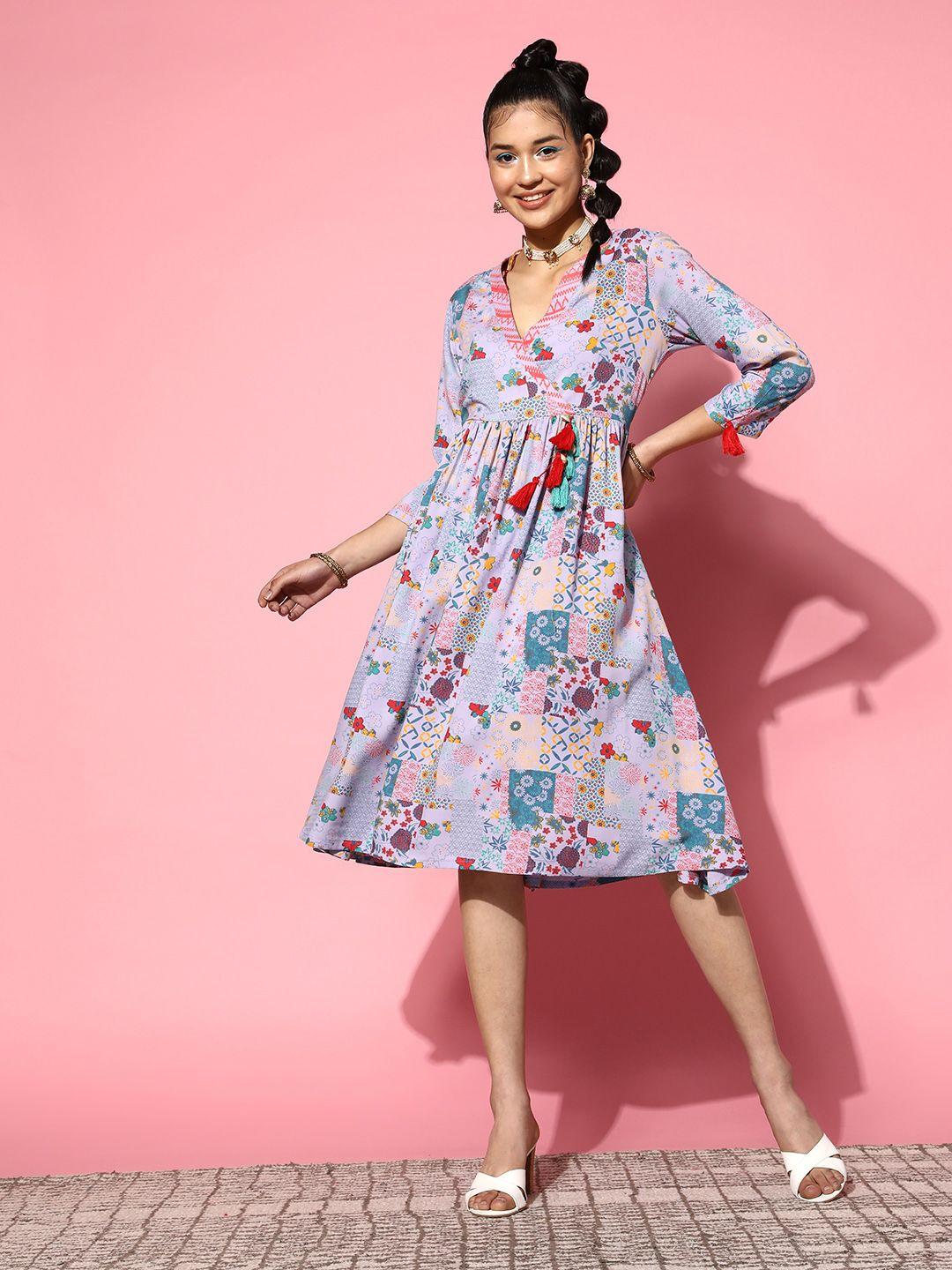 sangria printed tasseled lavender viscose rayon ethnic wrap dress