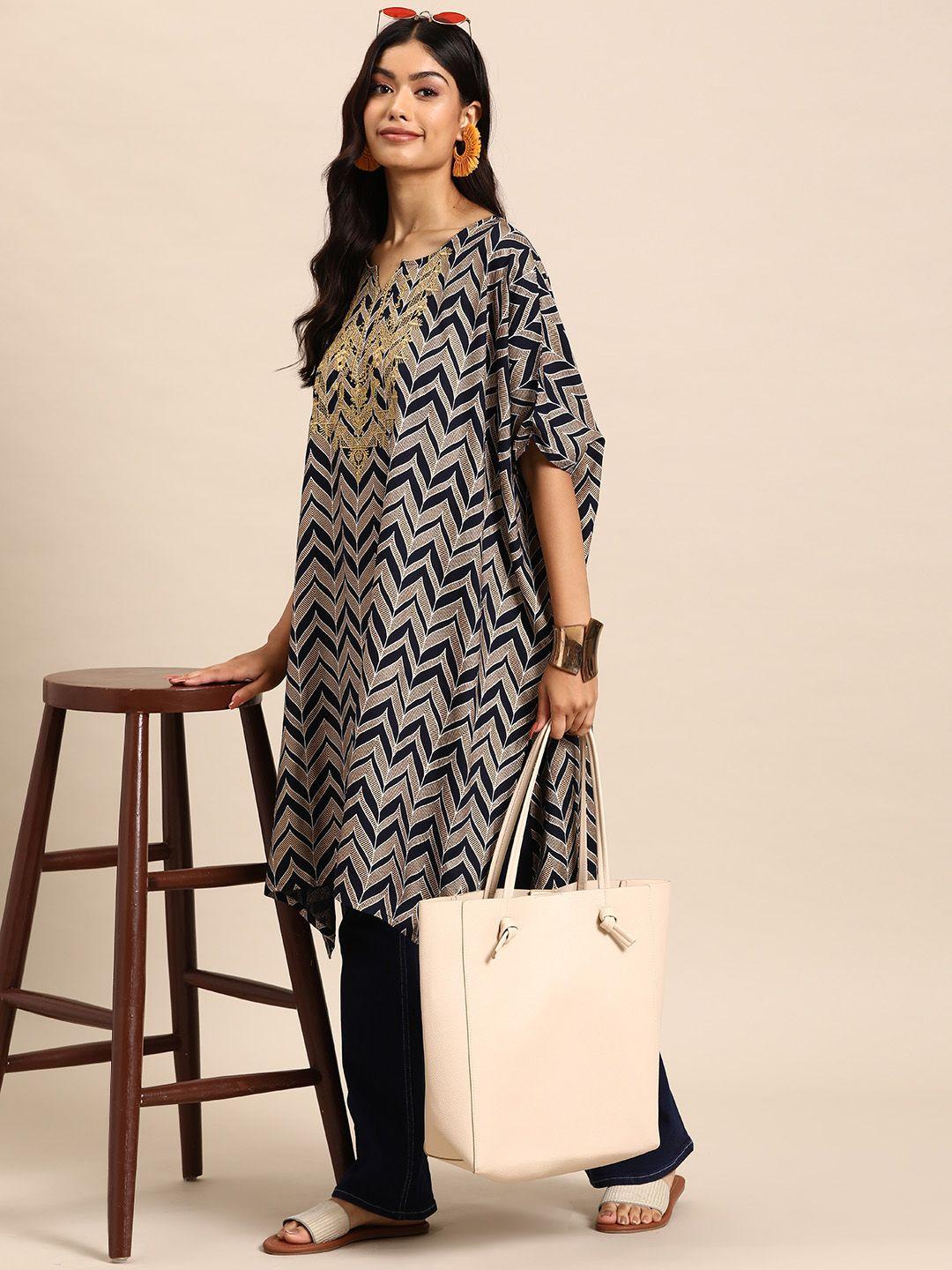 sangria printed thread work kaftan kurta