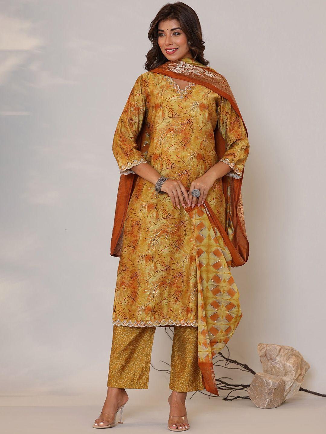 sangria printed thread work v-neck pure silk kurta with trouser & dupatta