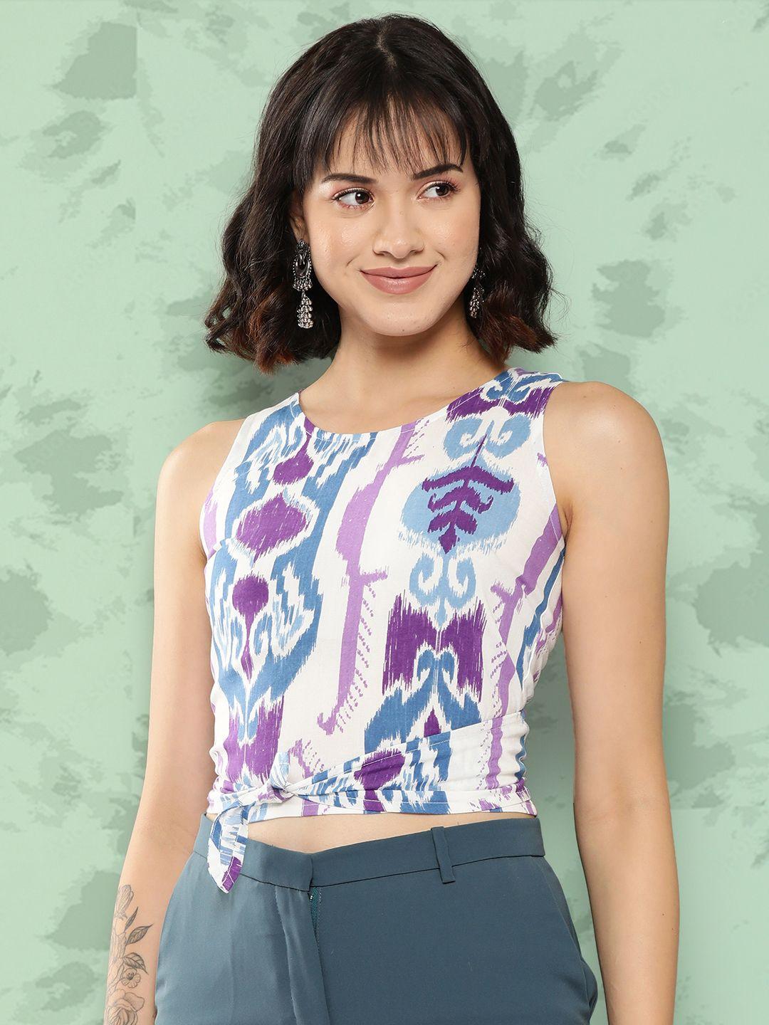 sangria printed tie-up back ethnic crop top