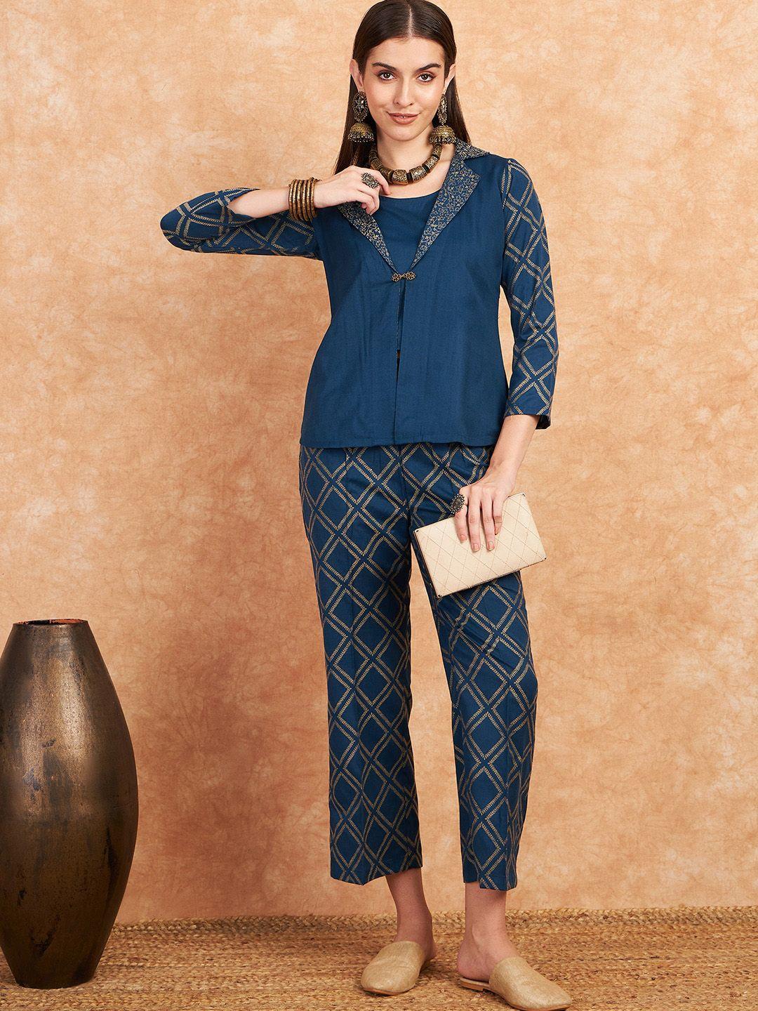 sangria printed top & coat with trouser co-ord set