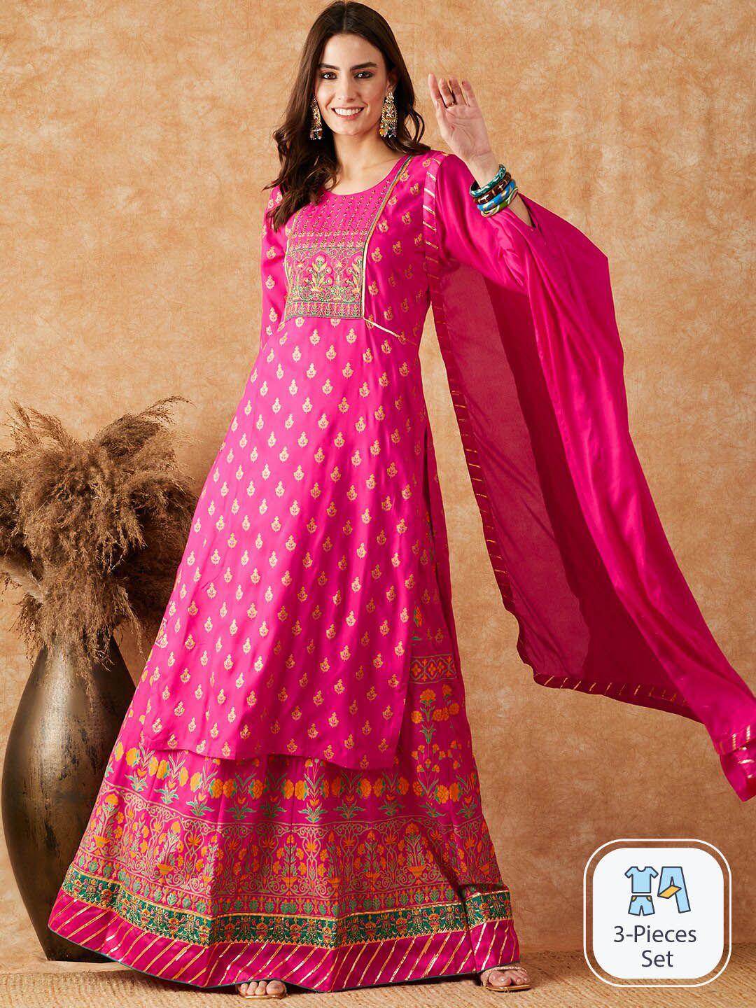 sangria printed with embroidered straight kurta with skirt & dupatta