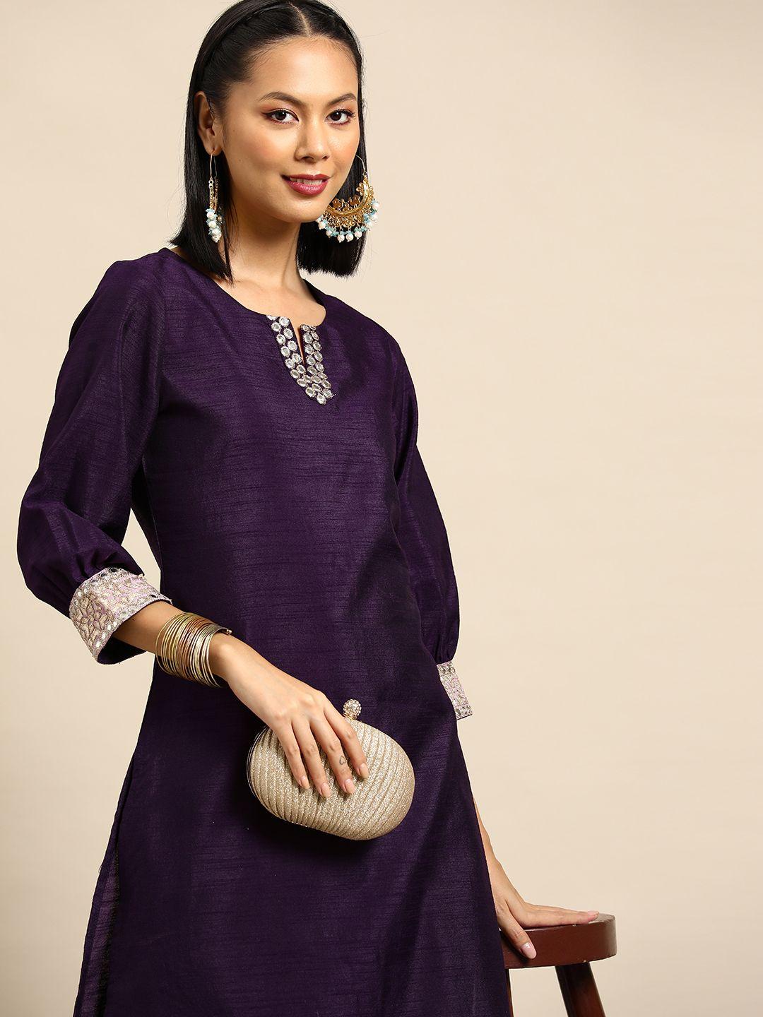 sangria puffed sleeves mirror work kurta with trousers