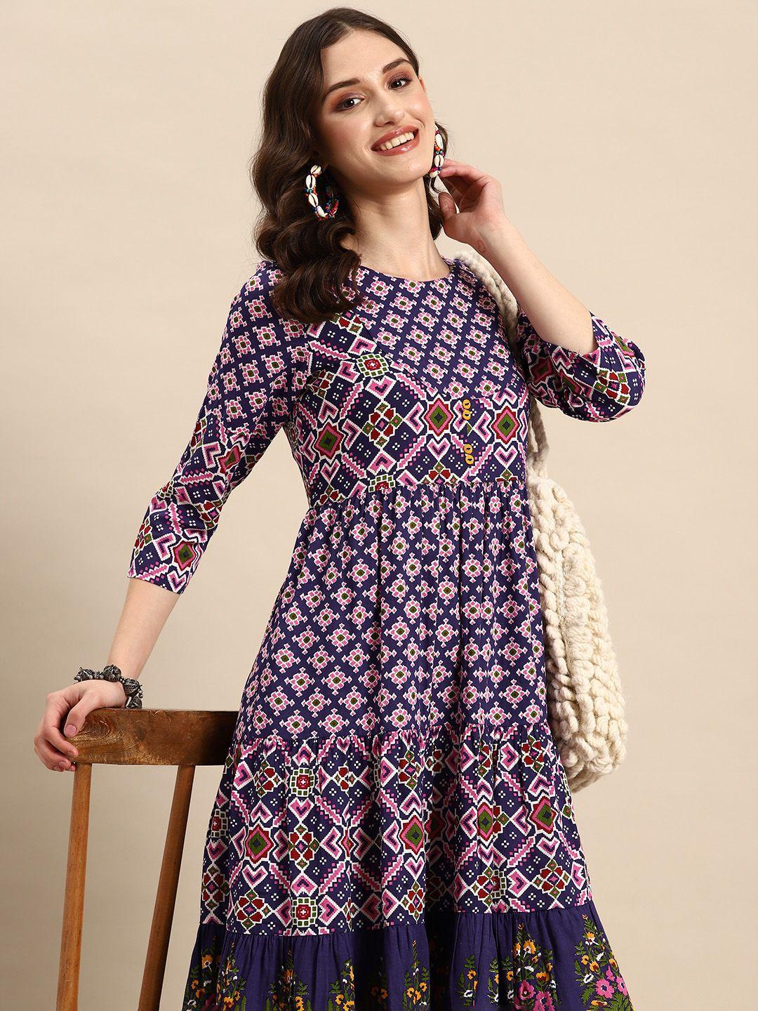 sangria pure cotton fit & flare printed ethnic dress