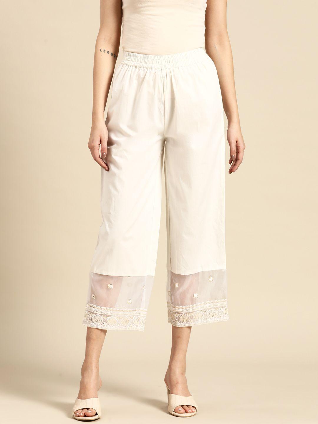 sangria pure cotton organza floral embroidered trousers