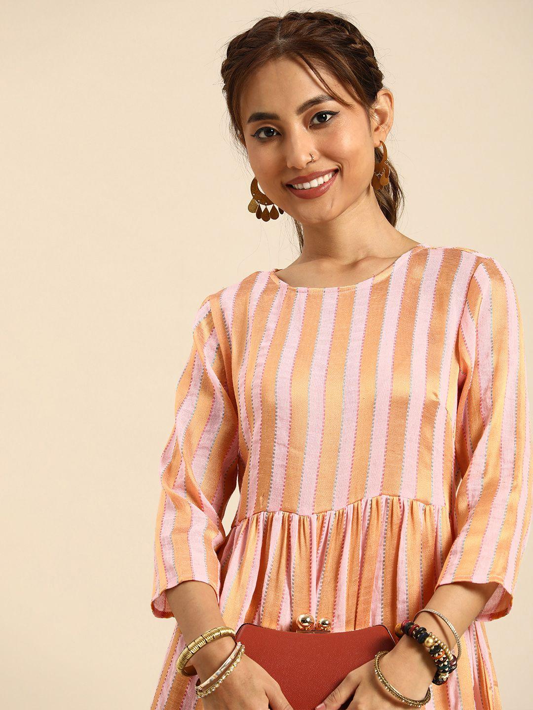 sangria pure cotton striped ethnic midi dress