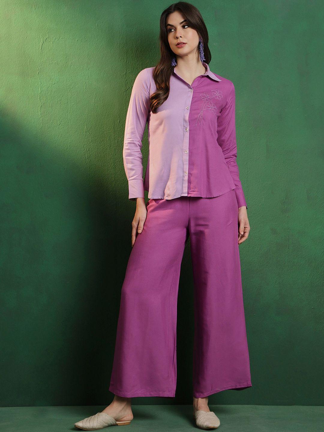 sangria purple embroidered shirt collar shirt & palazzo