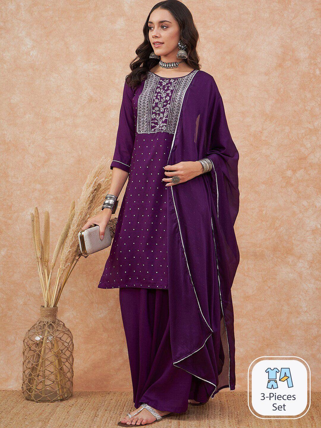 sangria purple ethnic motifs embroidered straight kurta with trousers & dupatta