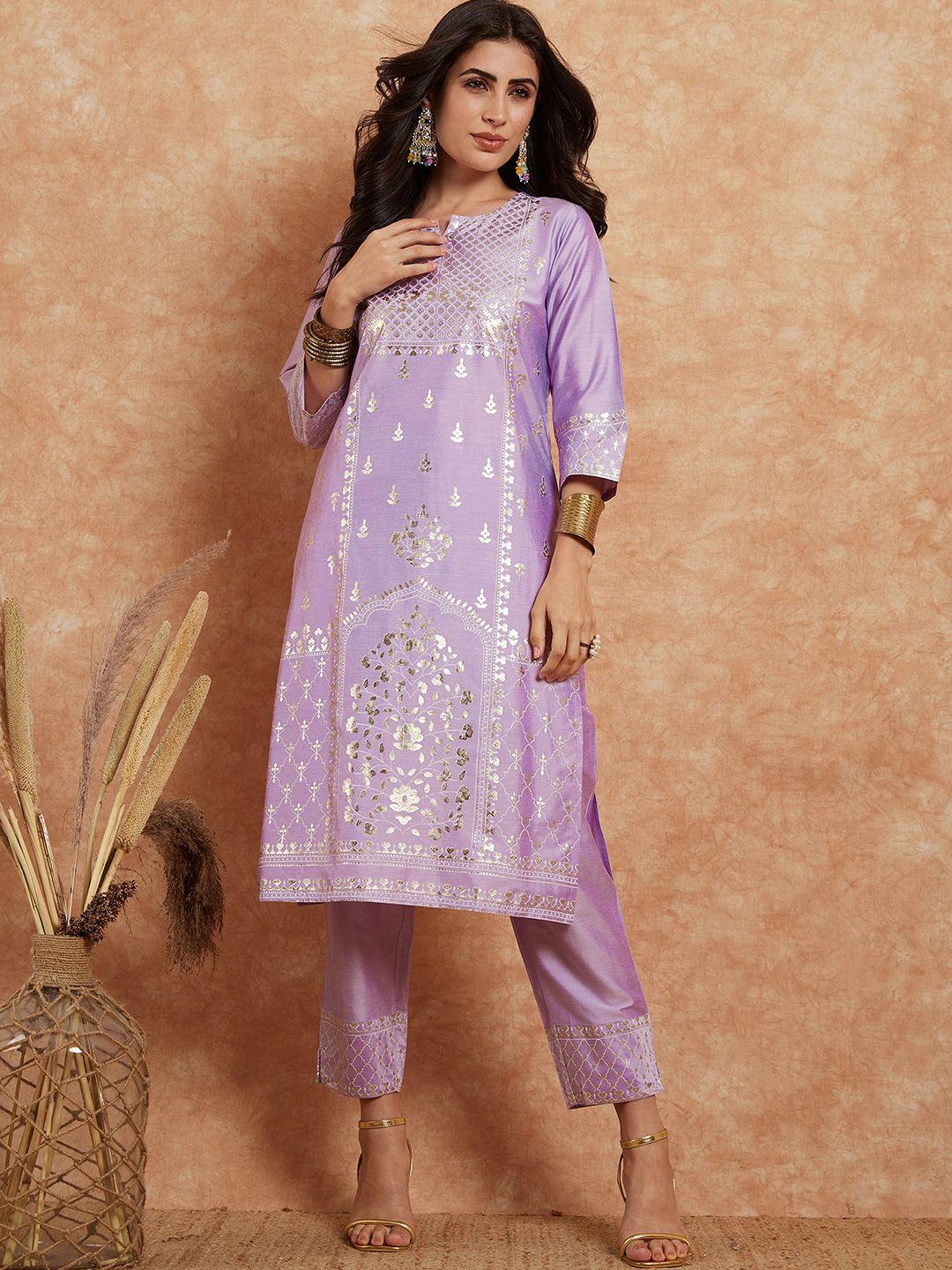 sangria purple ethnic motifs printed straight kurta with trouser