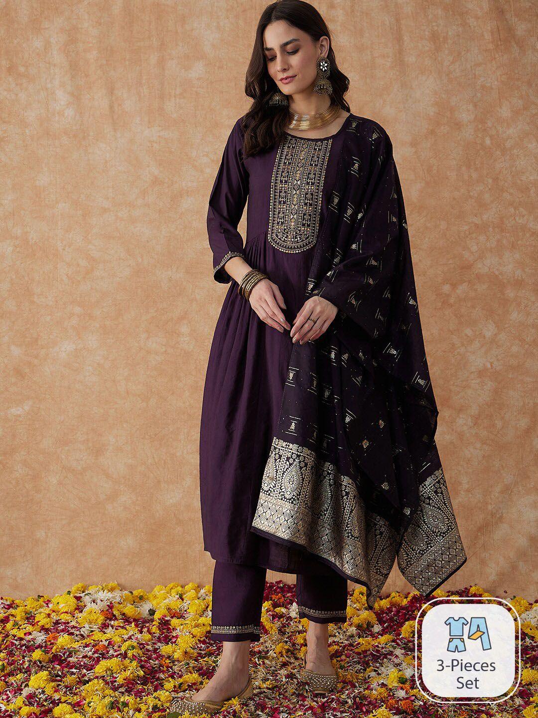 sangria purple floral embroidered a-line zari kurta with trouser & dupatta