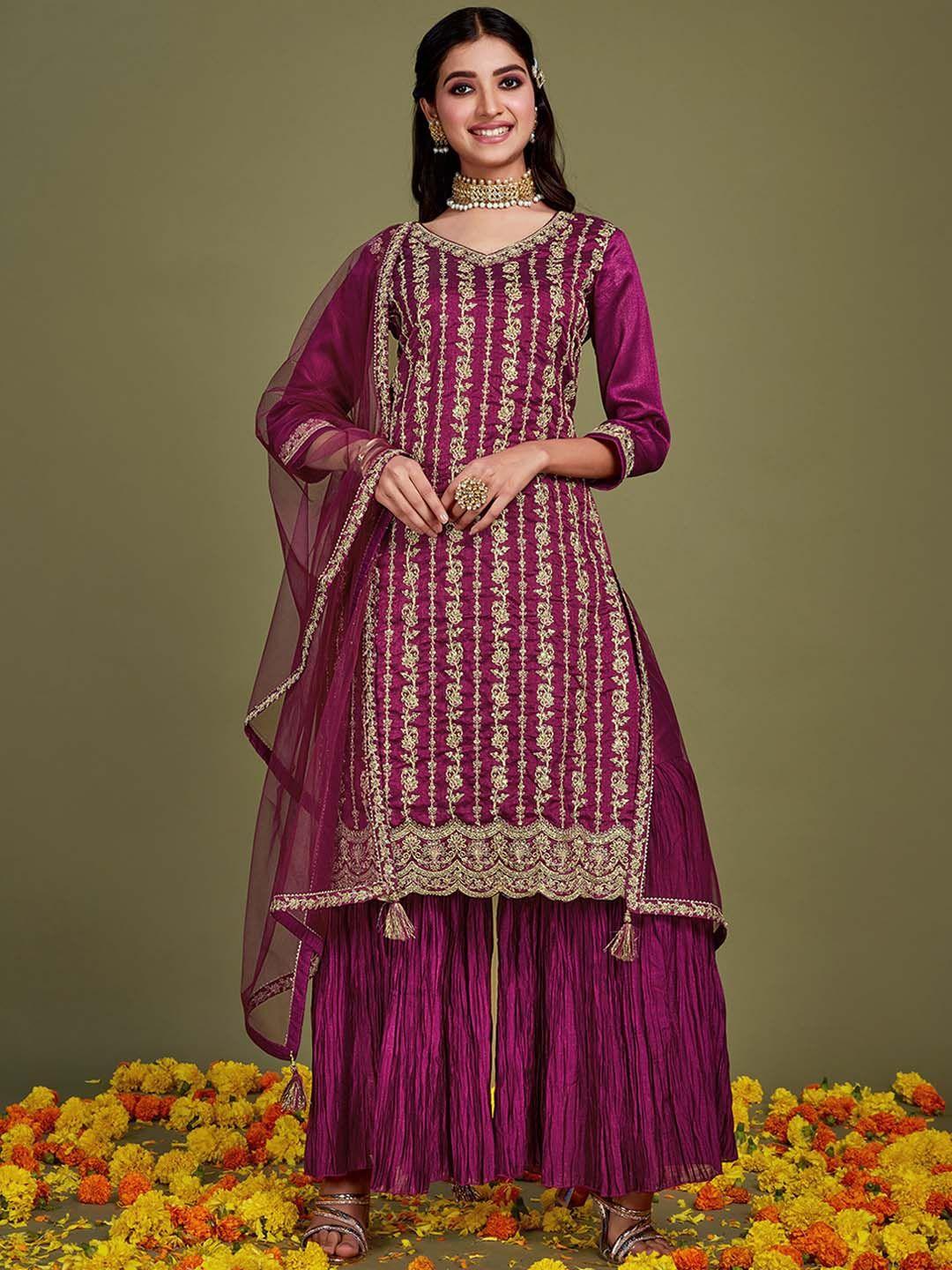 sangria purple floral embroidered straight kurta & sharara dupatta