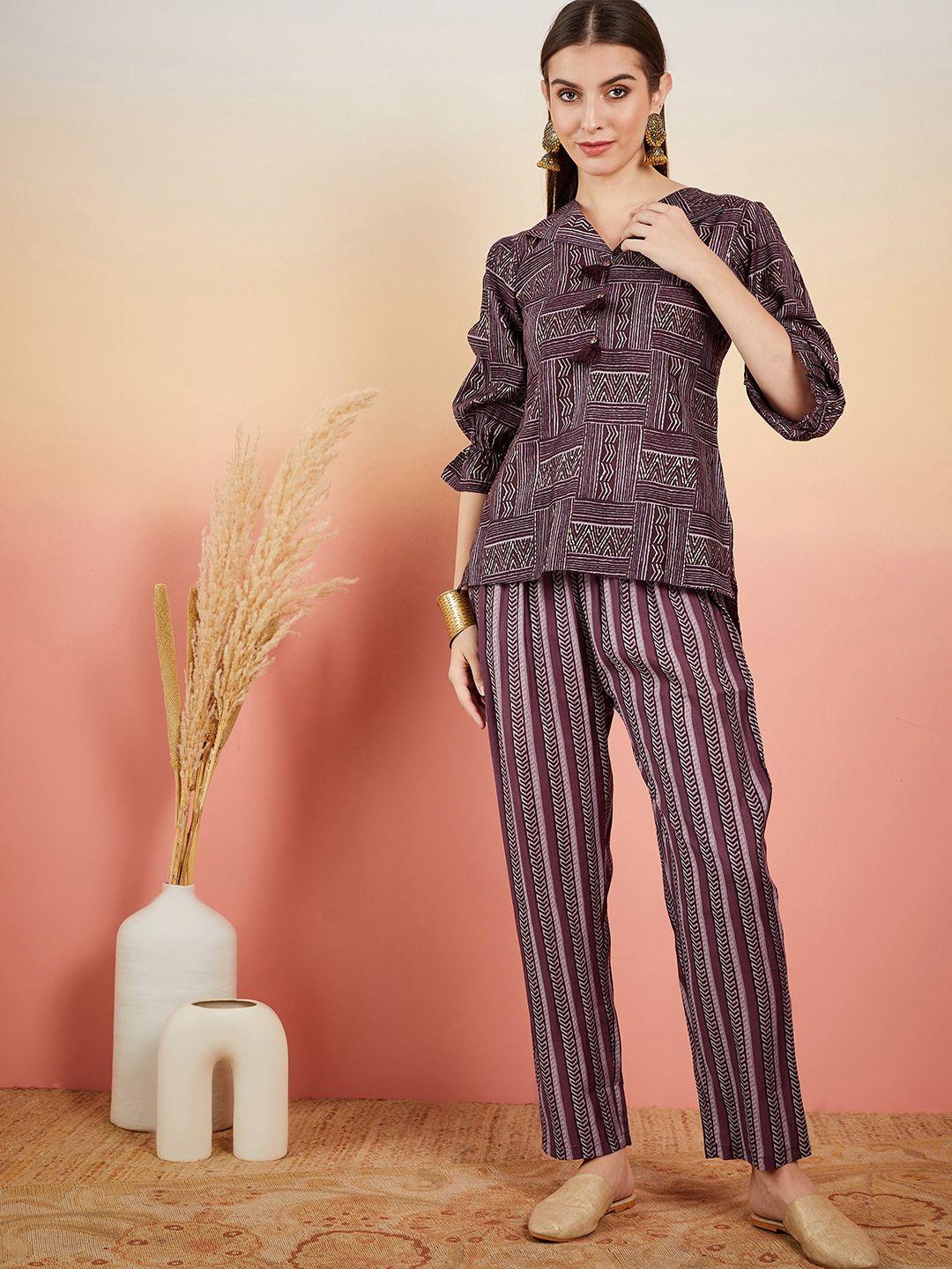 sangria purple printed v-neck top & trousers