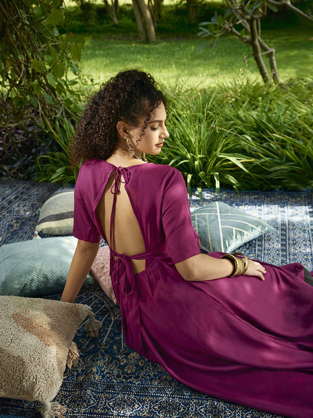 sangria purple solid tie-up neck belted & open back a-line maxi dress