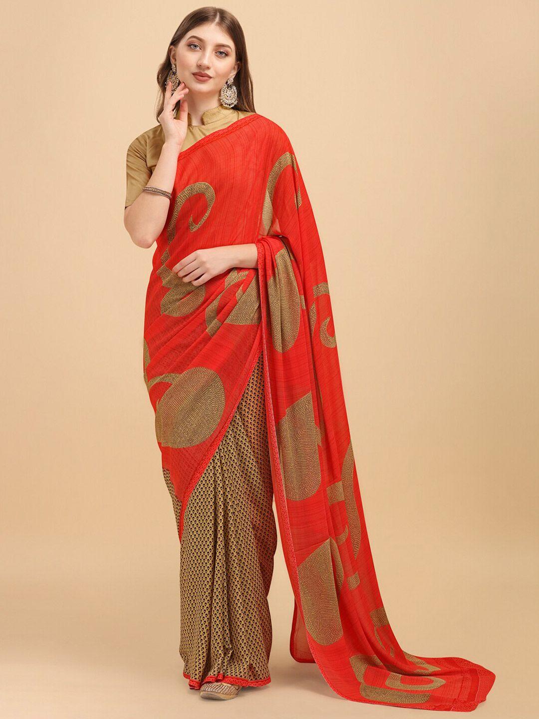 sangria red & beige printed saree