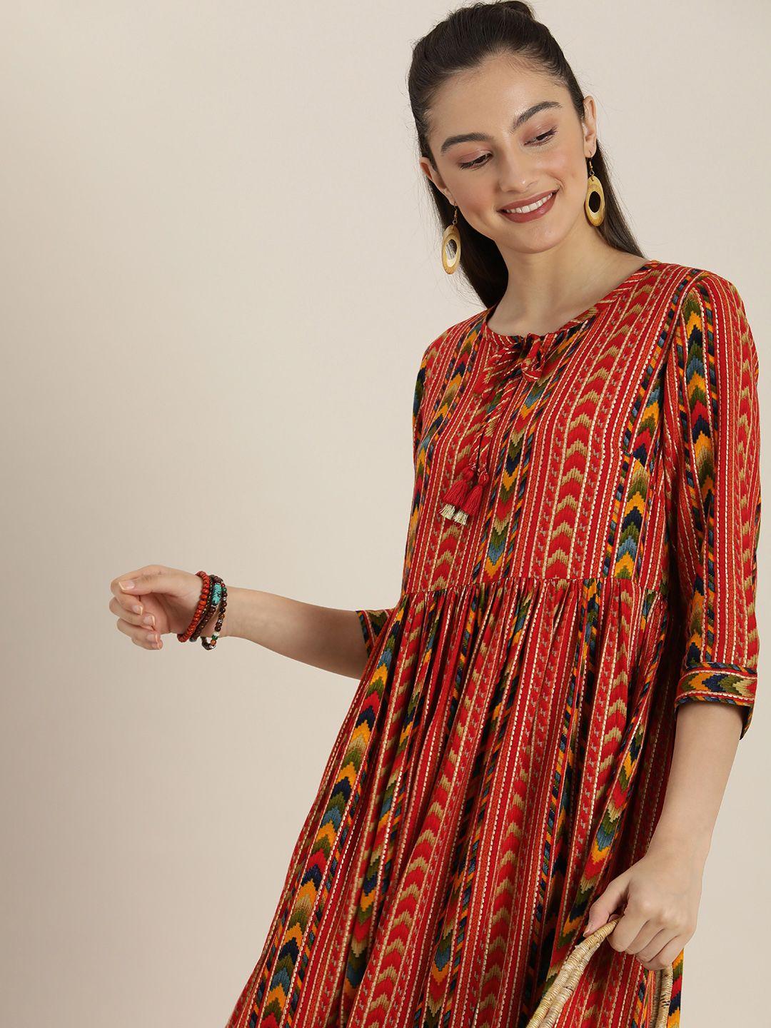 sangria red & beige printed tie-up neck ethnic a-line dress