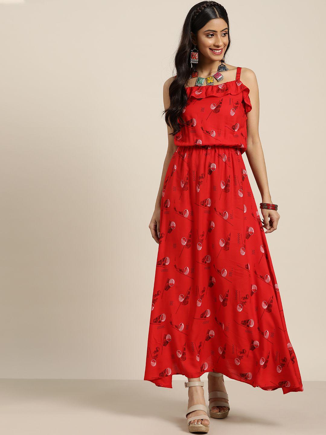 sangria red & black abstract printed maxi dress