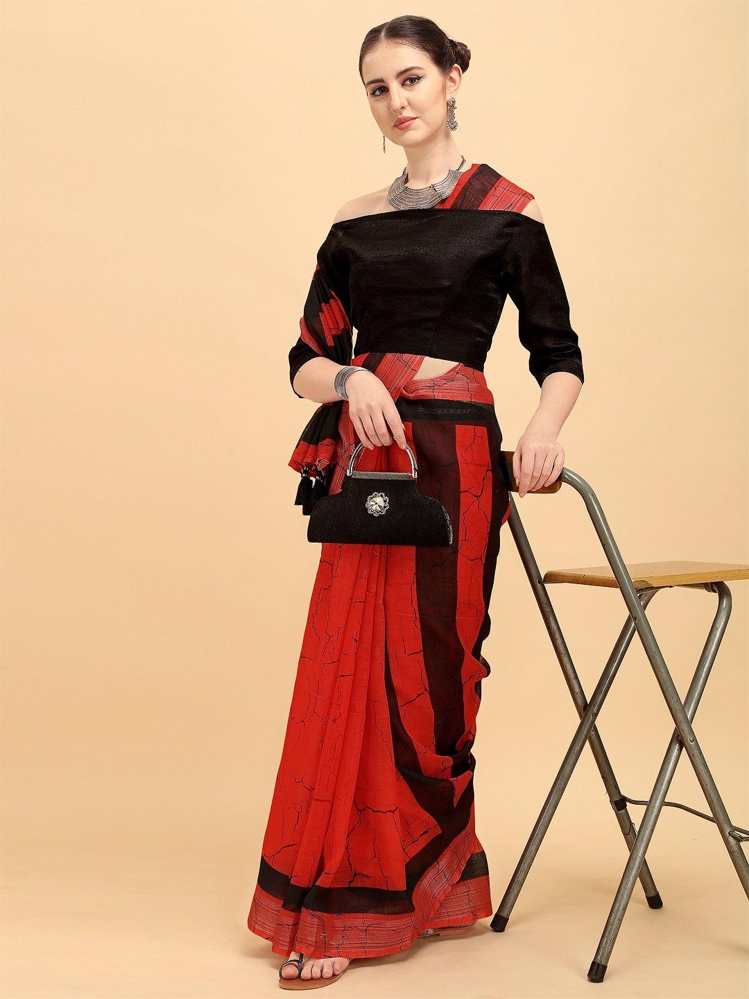 sangria red & black pure linen saree