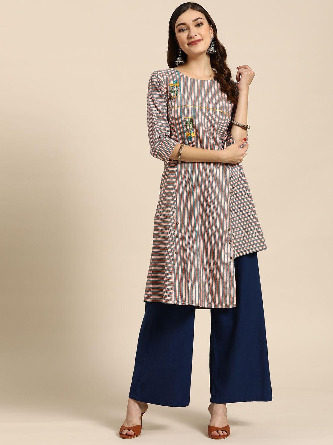 sangria red & charcoal grey striped asymmetric hem kurta