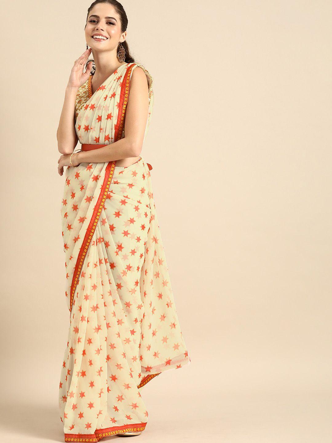 sangria red & cream-coloured printed saree