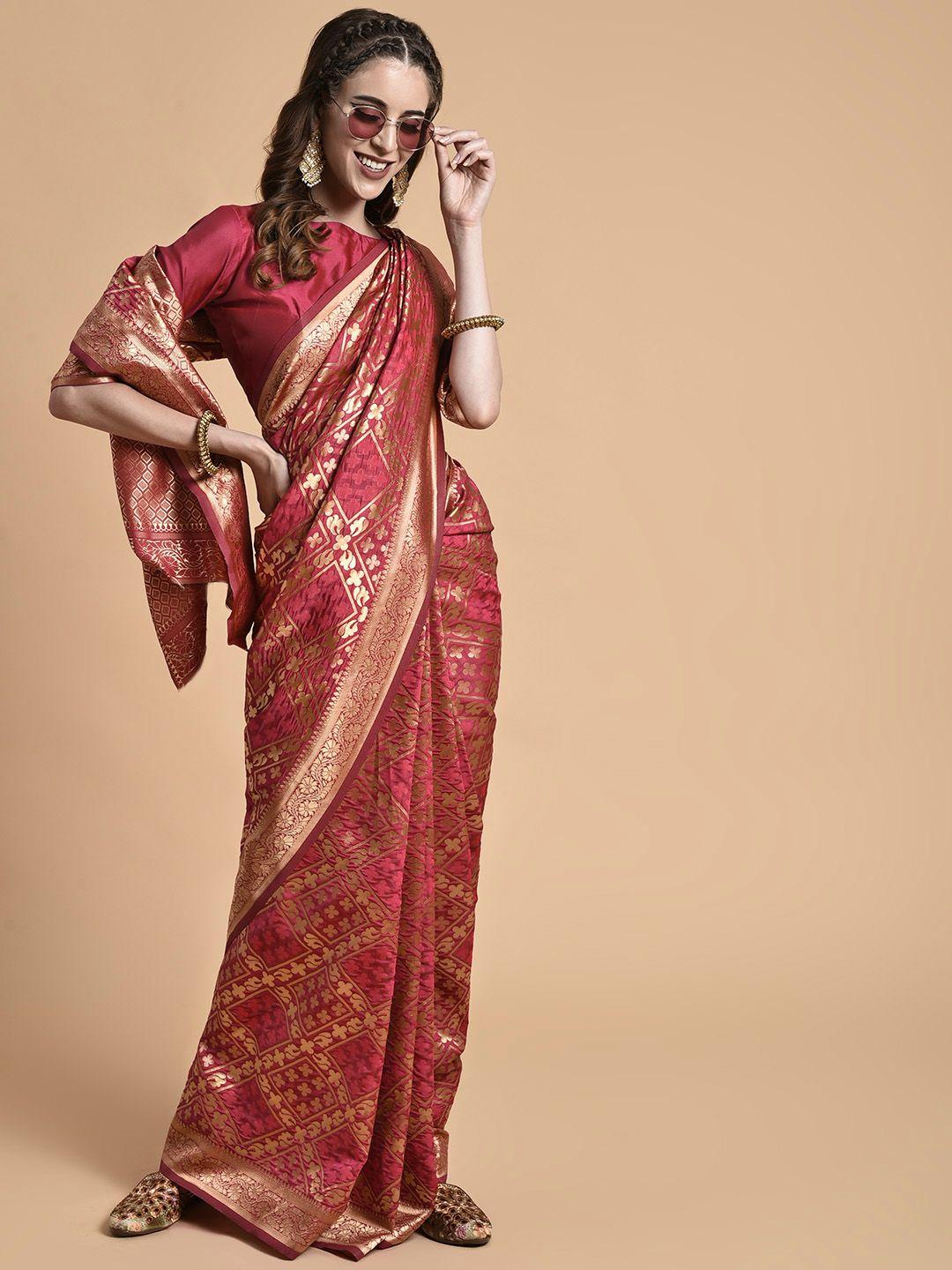 sangria red & gold-coloured ethnic motifs zari silk blend banarasi saree