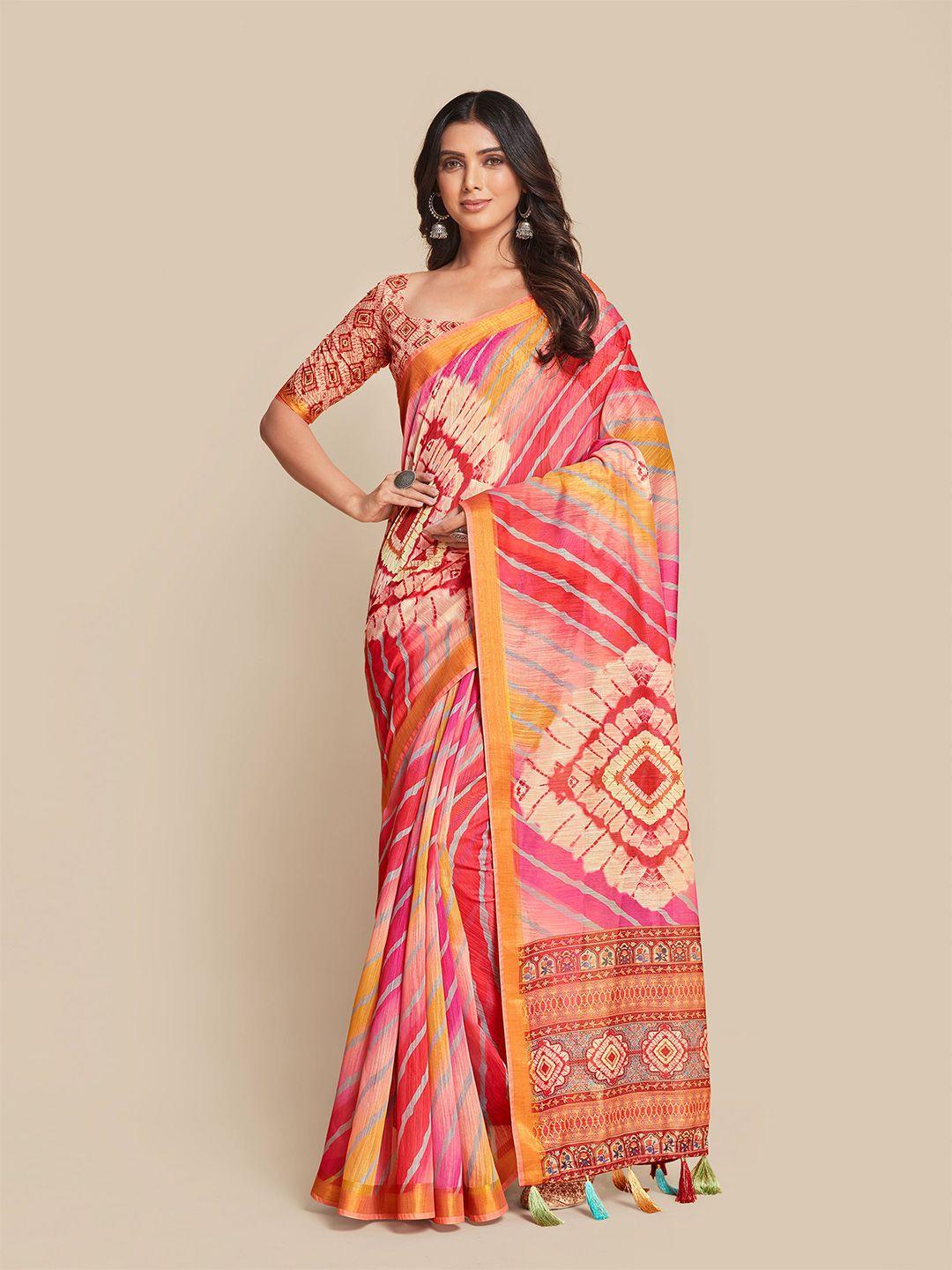 sangria red & gold-toned bandhani zari saree