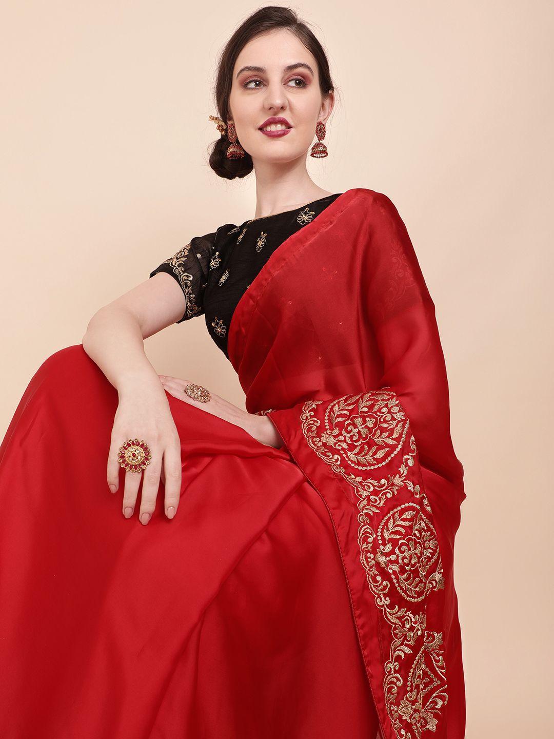 sangria red & gold-toned embroidered satin saree