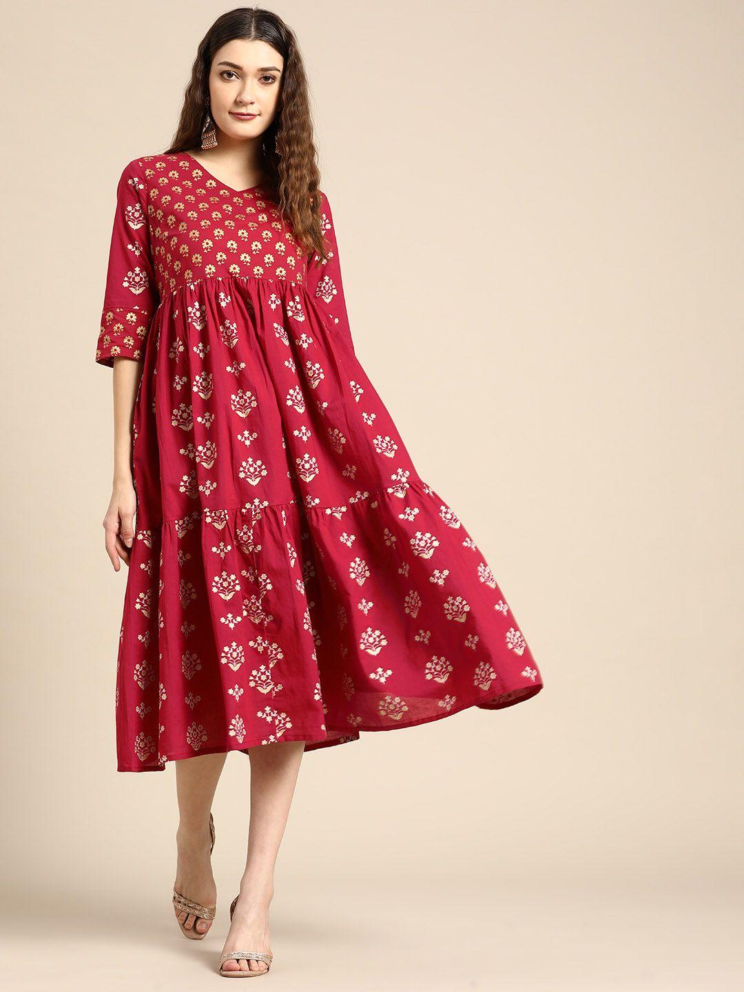 sangria red & gold-toned pure cotton floral ethnic a-line tiered midi dress