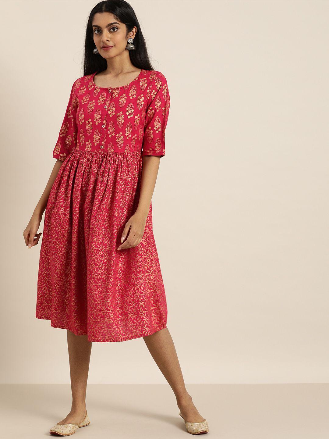 sangria red & golden ethnic motifs printed  fit and flare dress