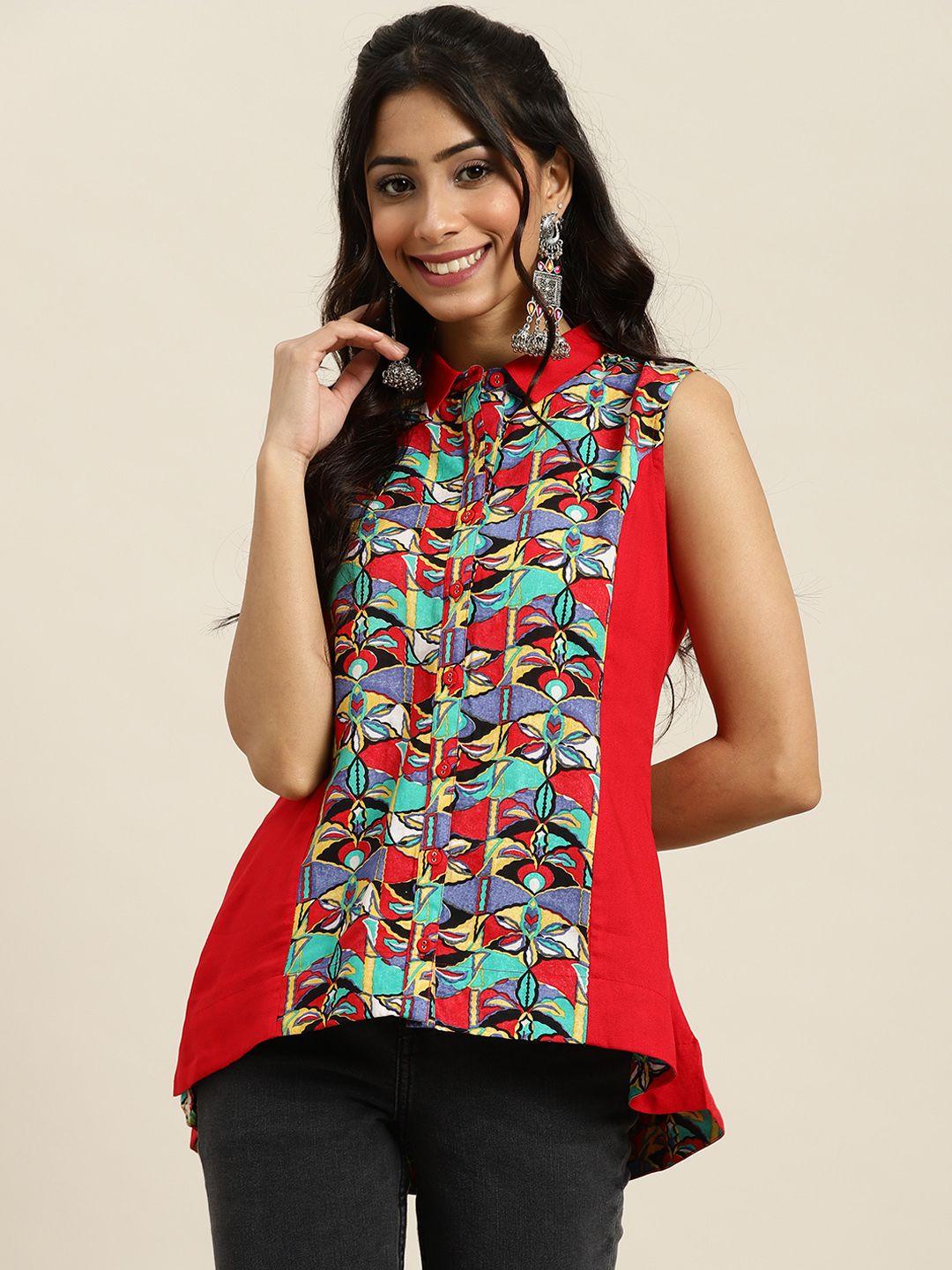 sangria red & green print shirt style top