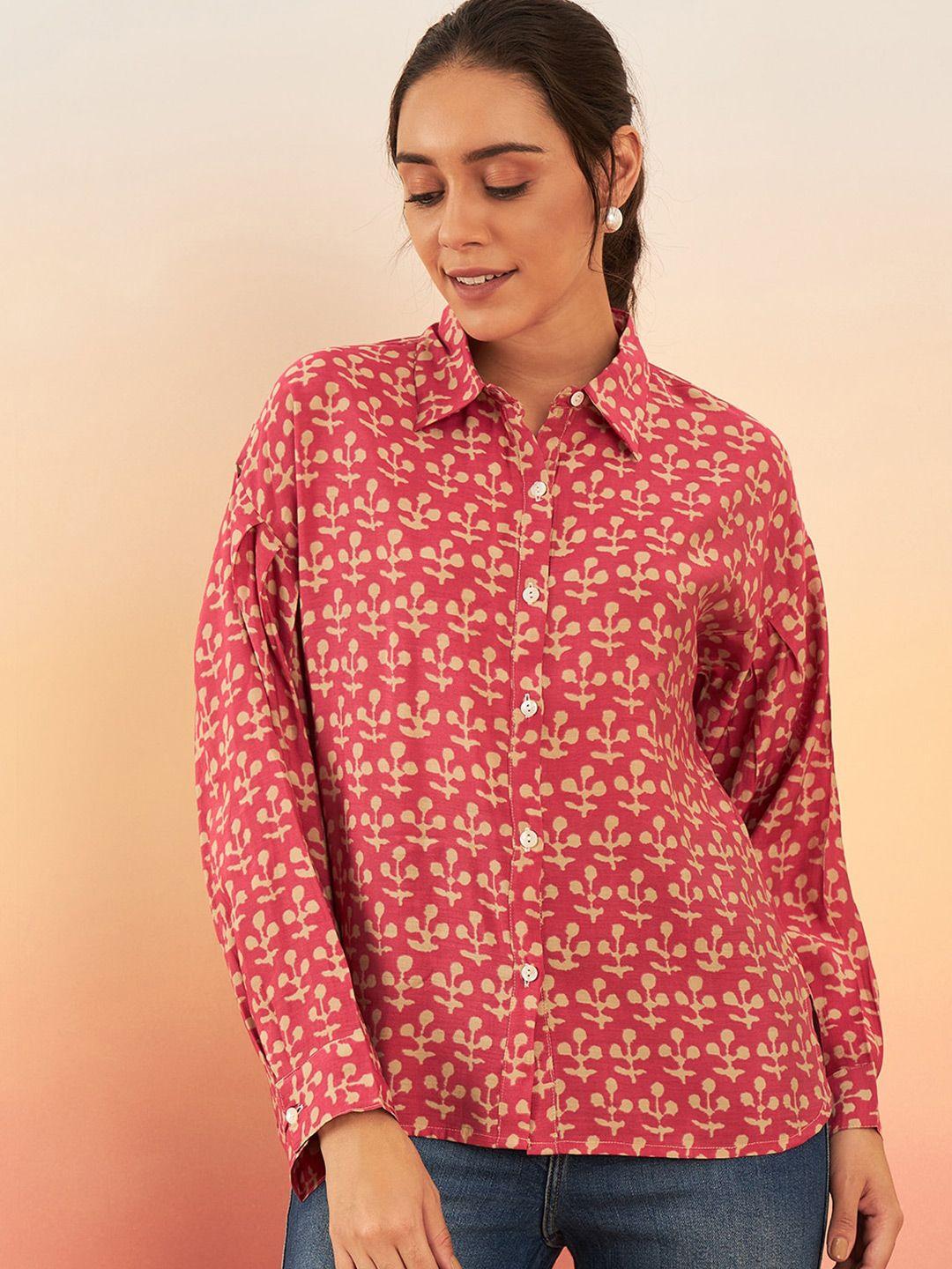 sangria red & off white ethnic motifs printed shirt style top