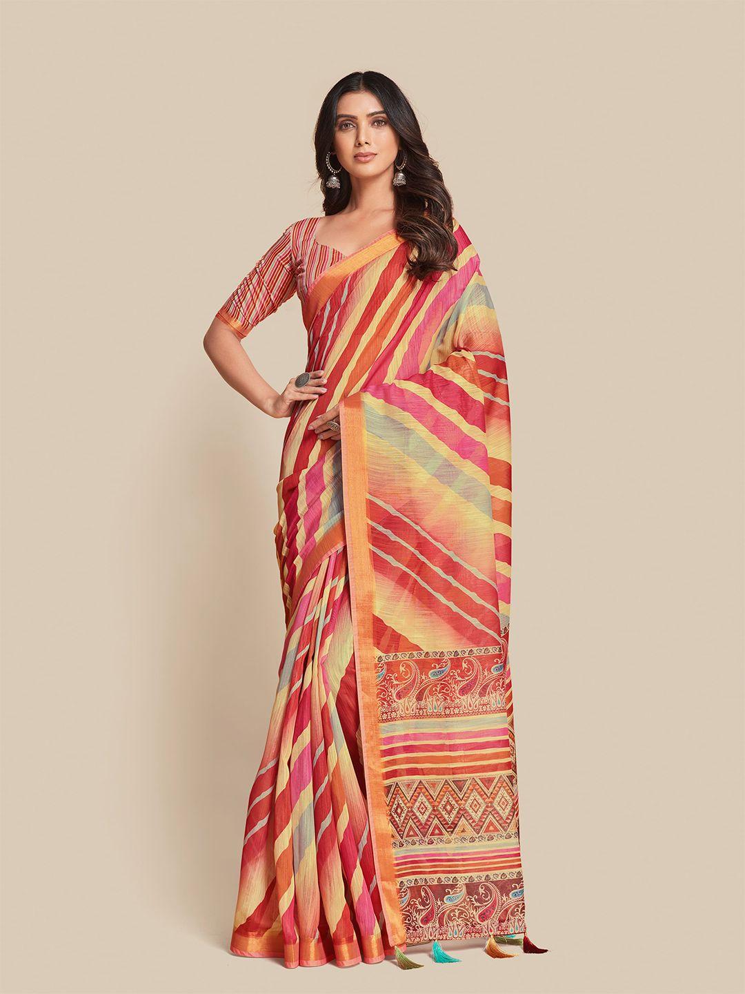 sangria red & orange geometric printed zari saree