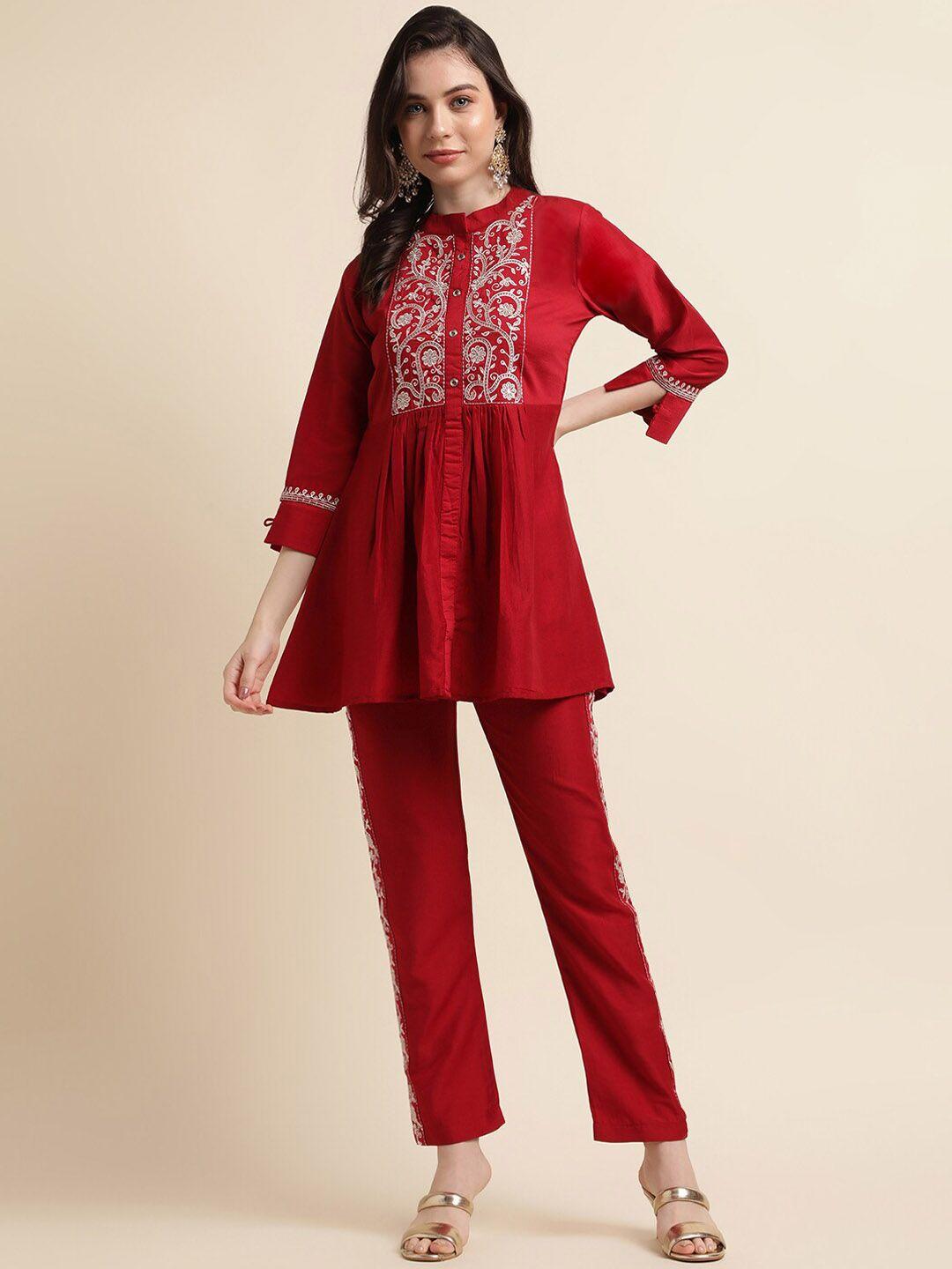 sangria red & white floral embroidered a-line kurti with trouser