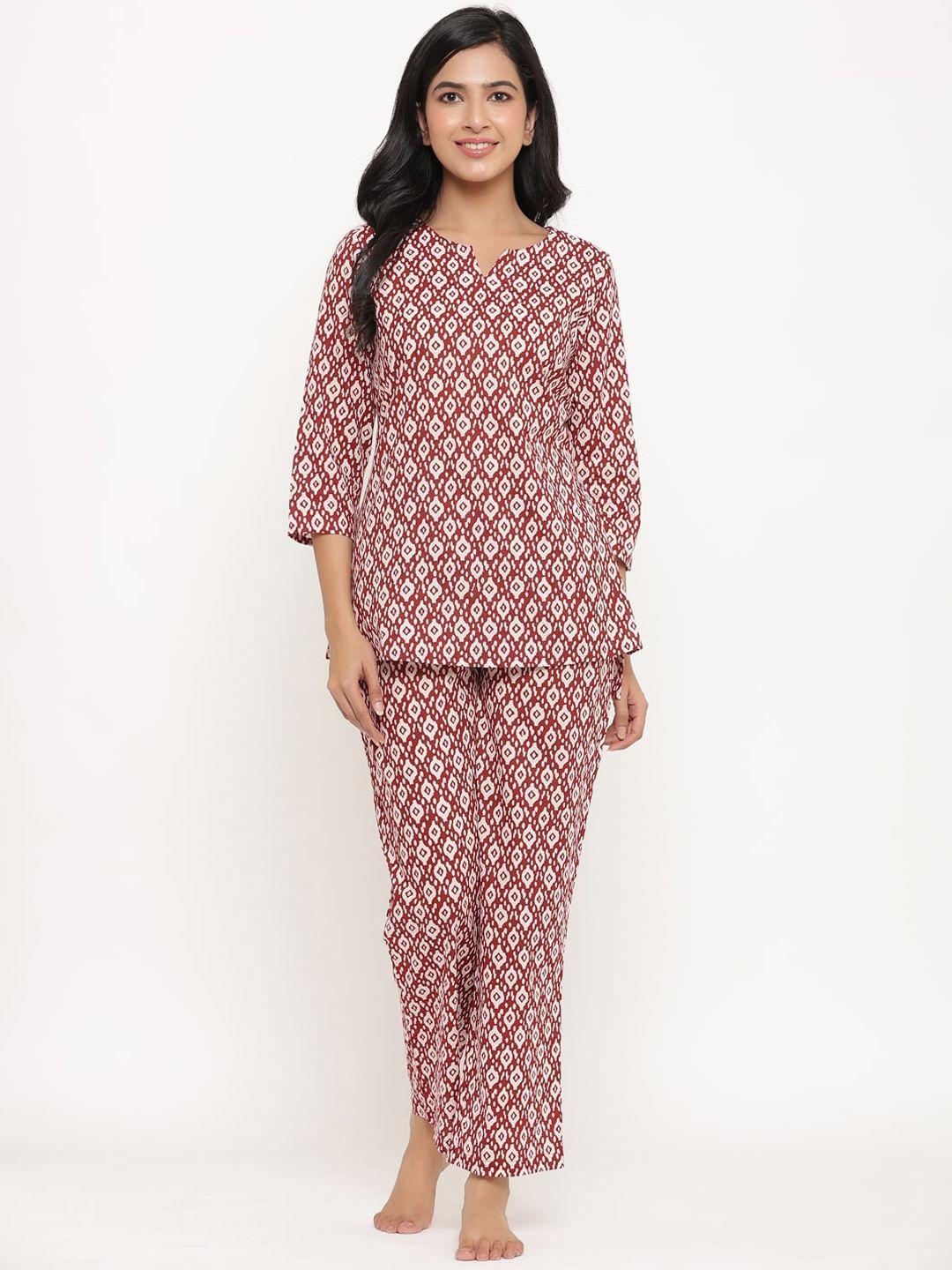 sangria red & white floral printed pure cotton kurti with trouser