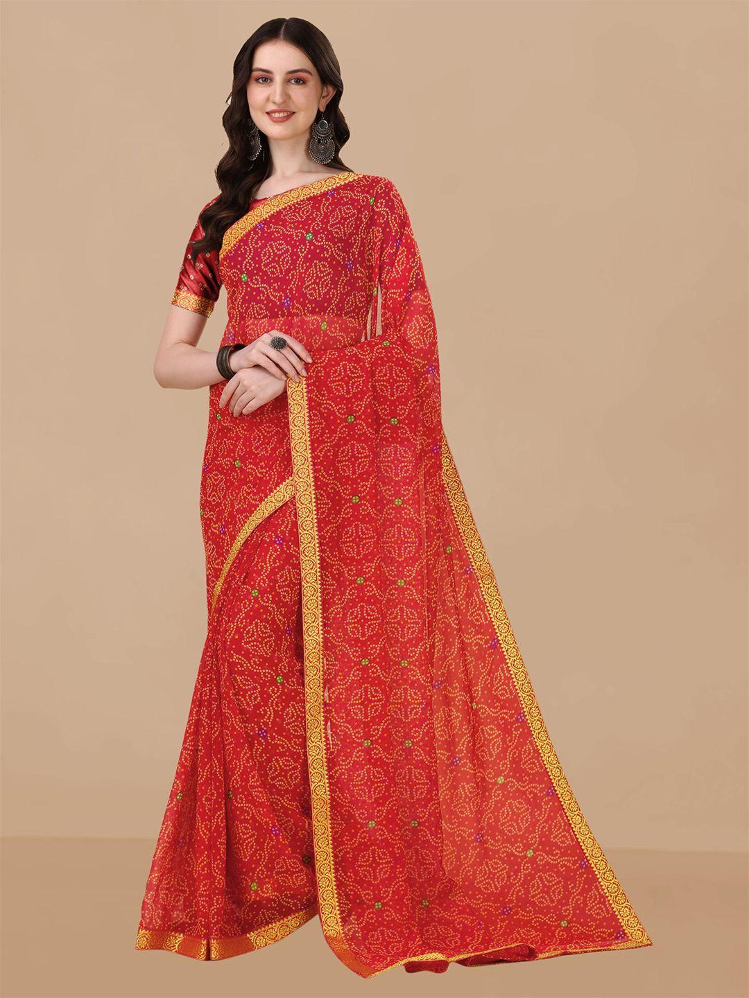 sangria red & yellow bandhani printed pure chiffon saree