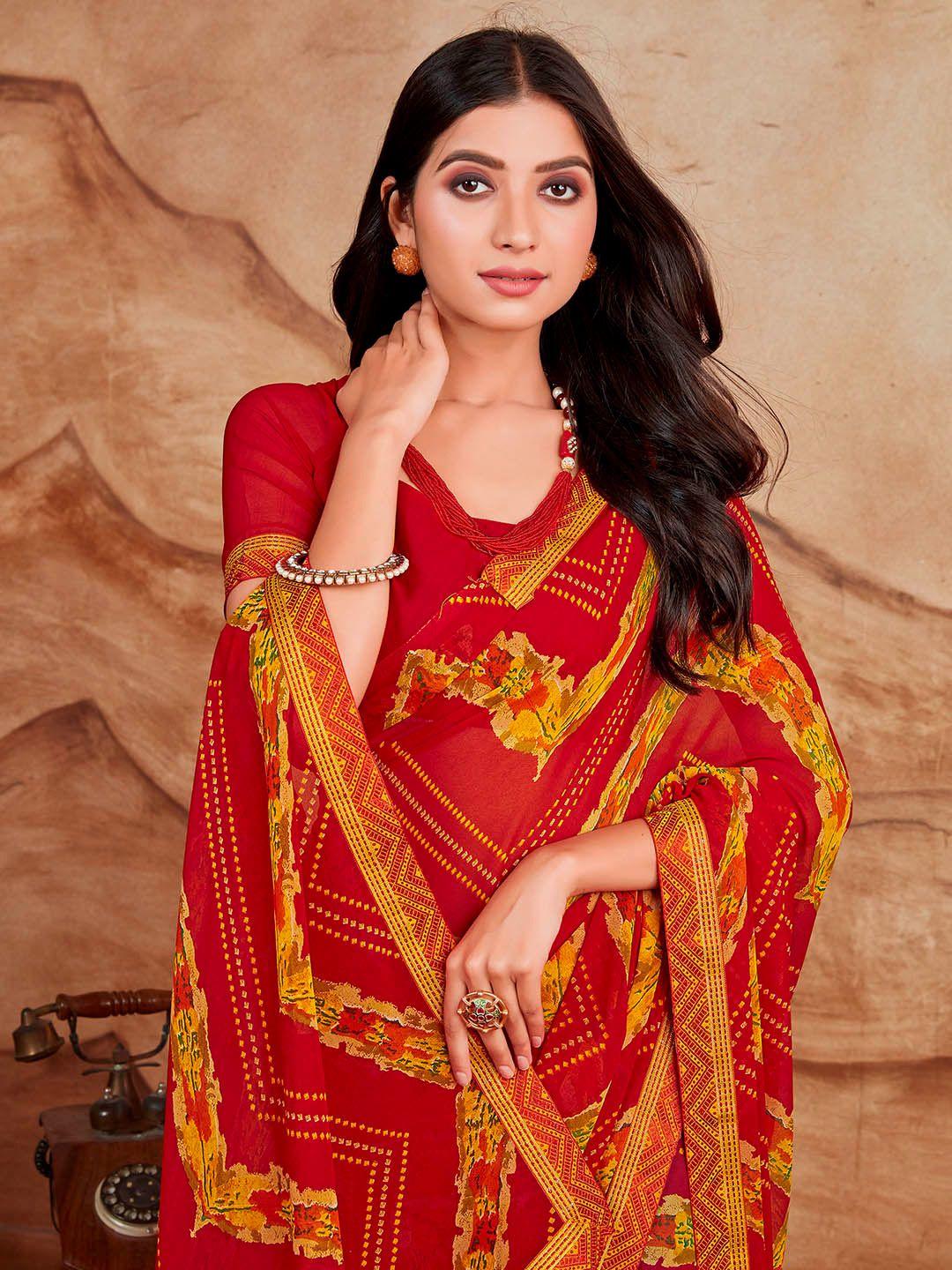 sangria red & yellow bandhani printed saree