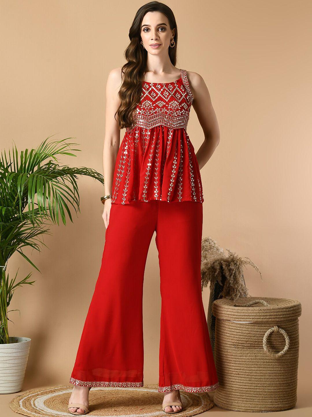 sangria red embroidered shoulder straps ethnic top with palazzo